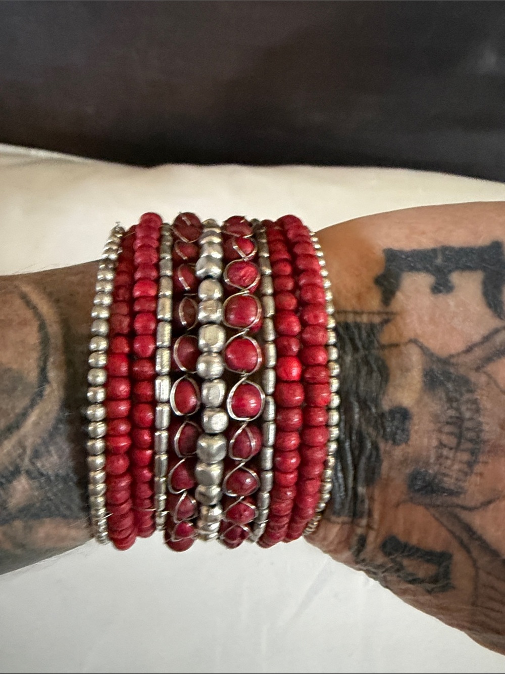 Hand Crafted Wood Bead Multi-Row Cuff Bracelet in Red, Silver. Boho